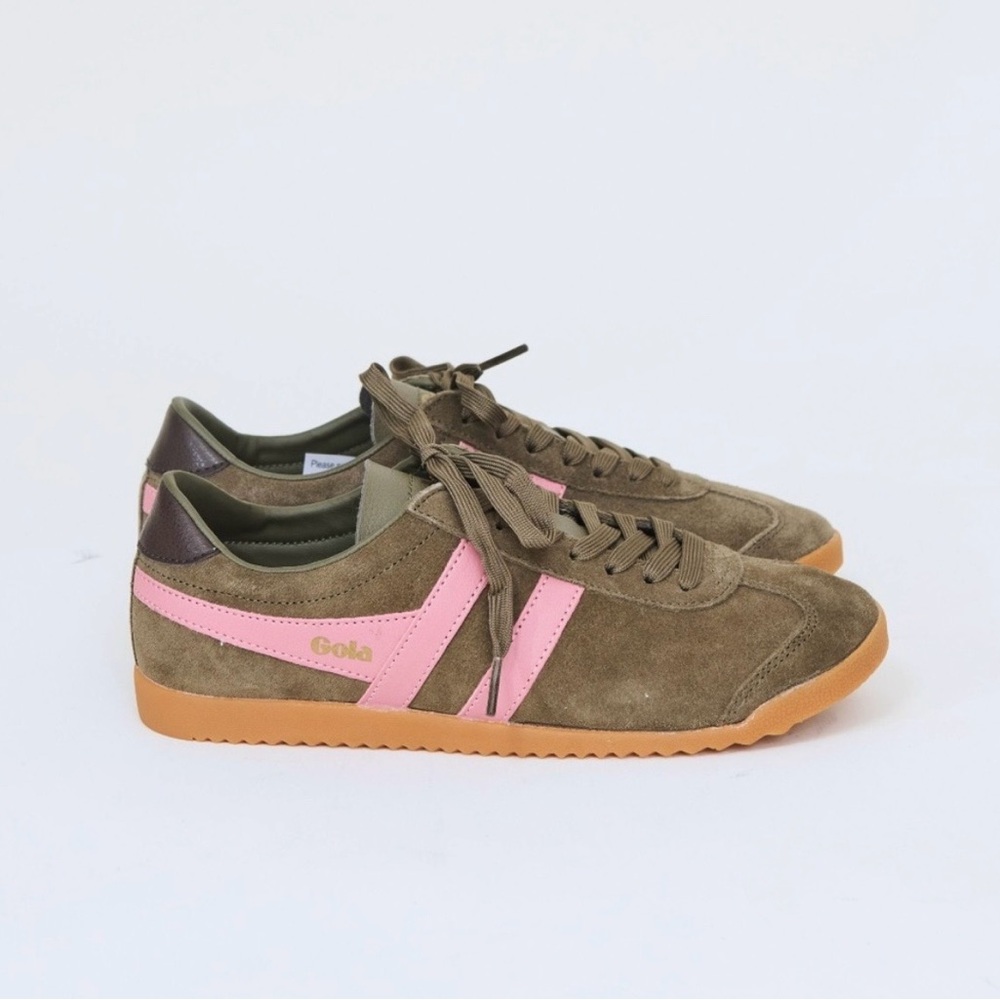 Gola Women’s Olive Suede Sneakers with Pink Stripes and Gum Sole